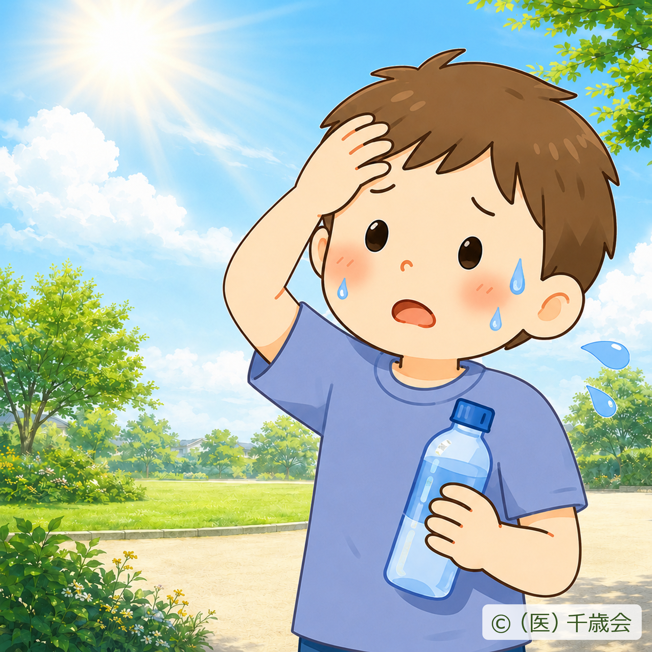 暑さで汗をかき、水分補給をしようとしている子どものイラスト